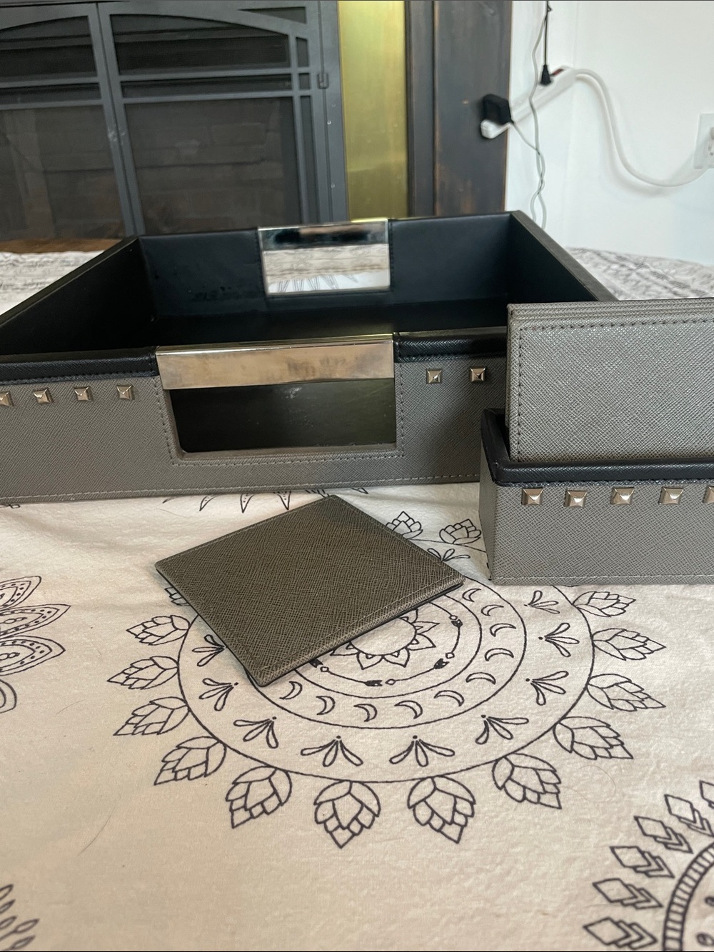 Gray Faux Leather Coffee Table Tray with Silver Stud Accent - Matching Coasters